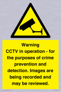 Warning CCTV in operation - for the purposes of crime prevention and detection. Images are being recorded and may be reviewed.